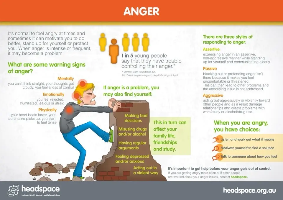 An infographic titled 'ANGER' from headspace explains warning signs, consequences, and coping strategies for anger. It…