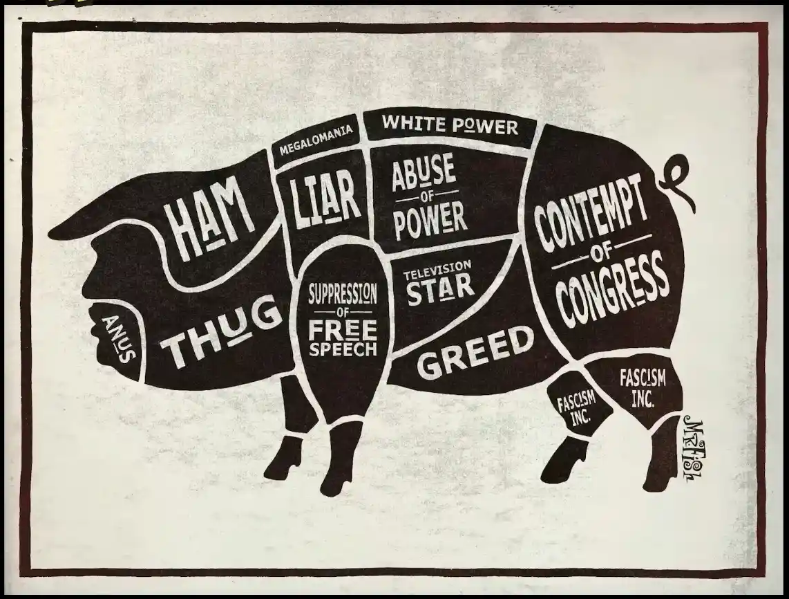 A black-and-white illustration of a pig cut into labeled sections, each containing words like 'HAM', 'THUG', 'LIAR', 'ABUSE…