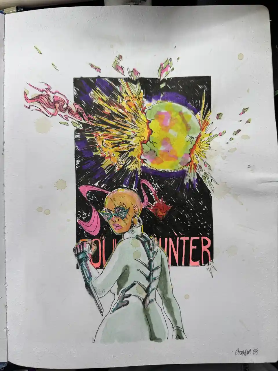 A hand-drawn illustration in a sketchbook depicts a bald, stylish woman in futuristic attire and sunglasses, holding a…