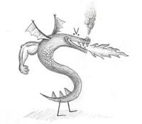 A hand-drawn, cartoonish dragon shaped exactly like the letter 'S', standing on two legs with wings, a tail, and smoke…