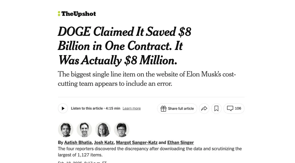 The image displays a screenshot of an article from 'TheUpshot' with a headline stating 'DOGE Claimed It Saved $8 Billion in…