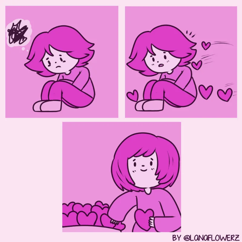 A three-panel comic shows a pink-haired girl looking sad with scribbles in her thought bubble, then surprised as hearts fly…