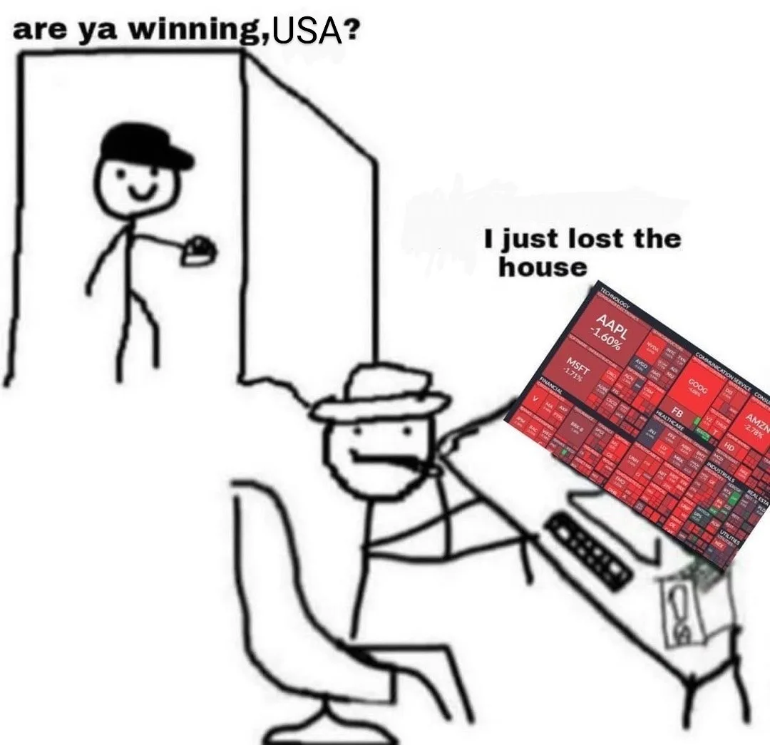 A stick figure in a hat sits at a desk with a red stock market chart showing losses, holding a gun, while another stick…