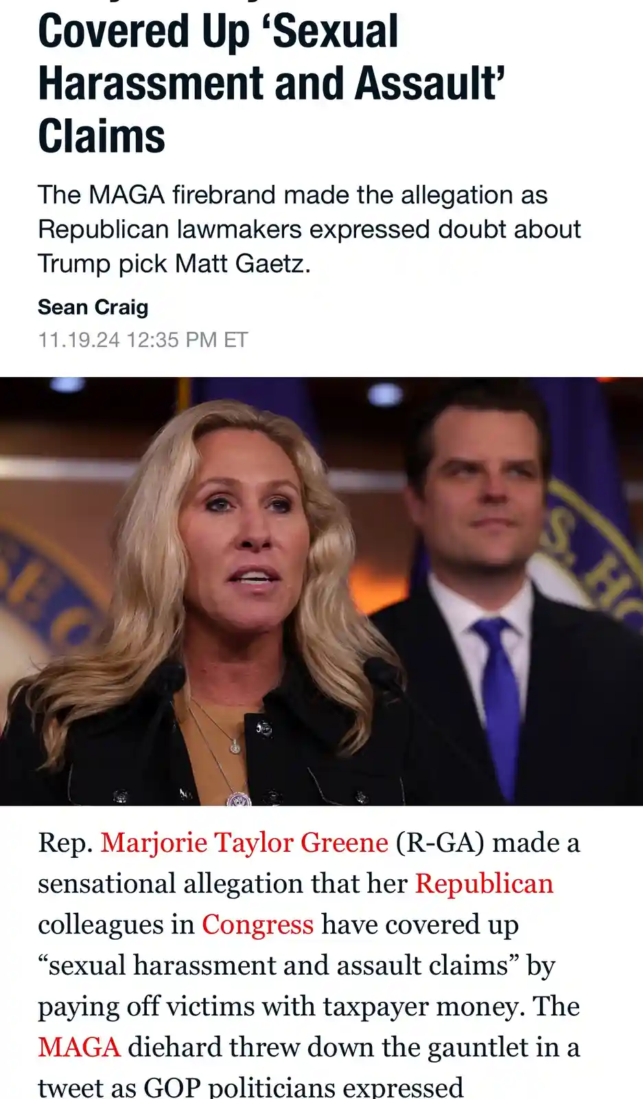 A screenshot of a news article shows Rep. Marjorie Taylor Greene speaking at a podium with a man in a suit standing behind…
