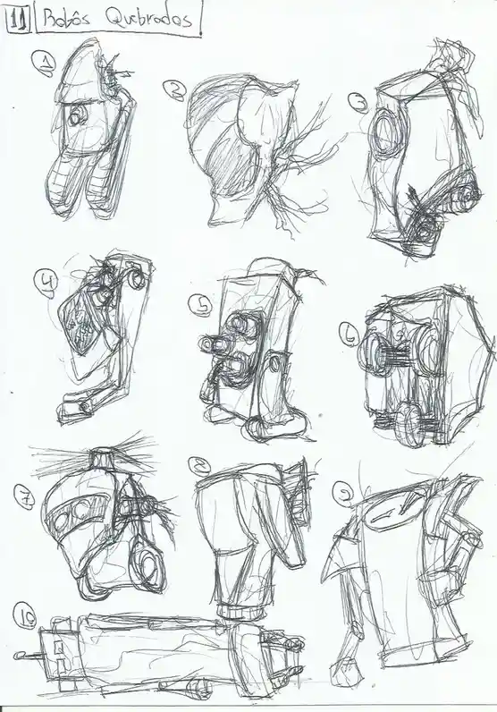 A hand-drawn sketch sheet shows ten numbered rough concept drawings of a robot, starting as a simple head and evolving into…