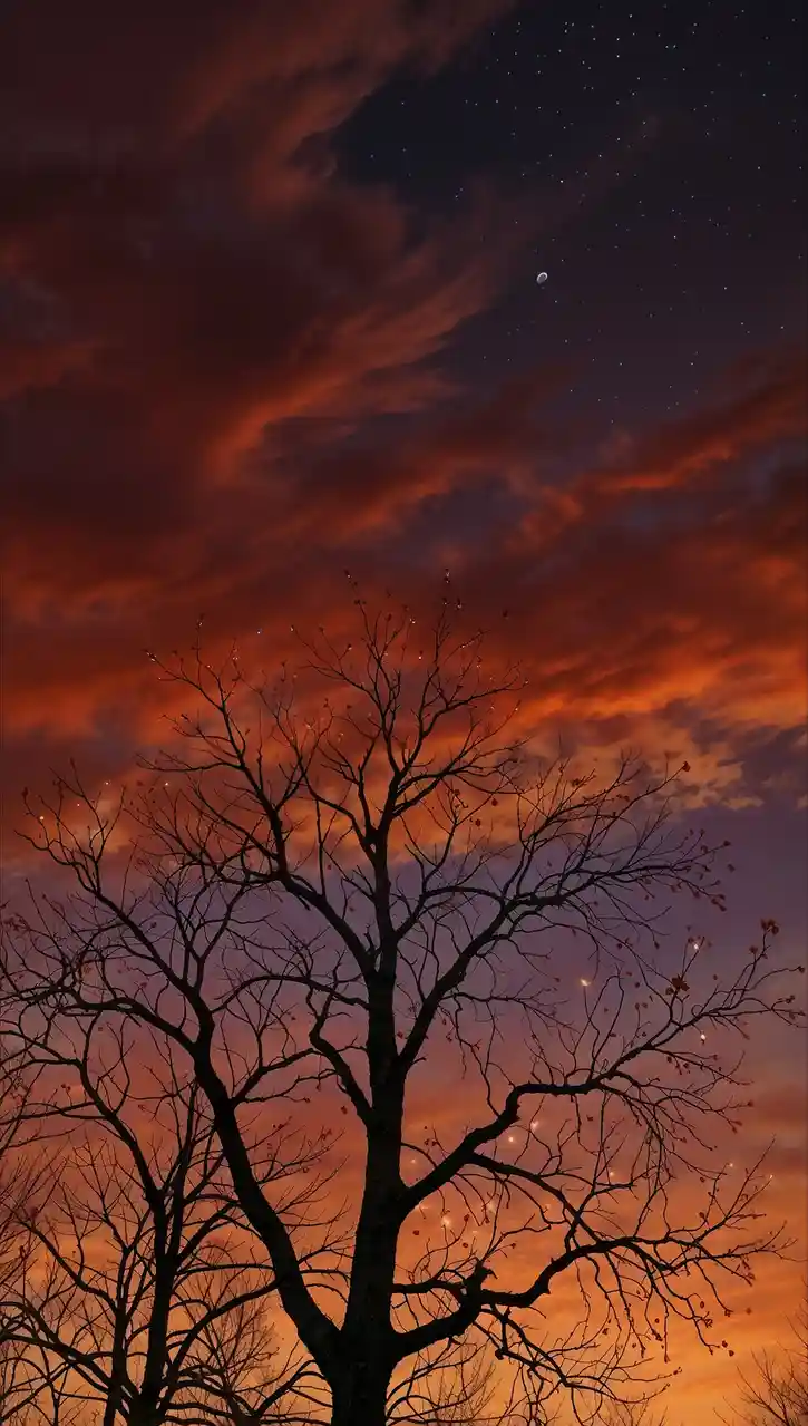 A silhouette of a bare, leafless tree stands against a dramatic sky filled with fiery orange and red clouds, transitioning…