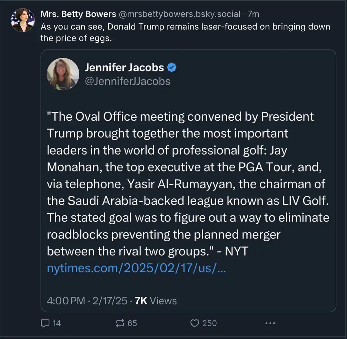 The image shows a screenshot of a social media post by 'Mrs. Betty Bowers' replying to a tweet from 'Jennifer Jacobs'. The…