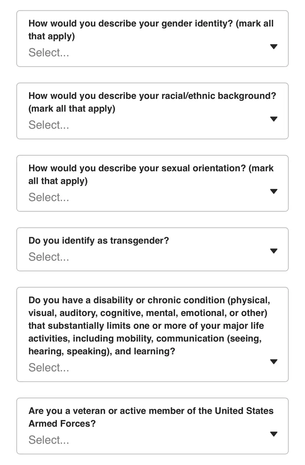 A screenshot of a form with dropdown menus for demographic questions including gender identity, racial/ethnic background…