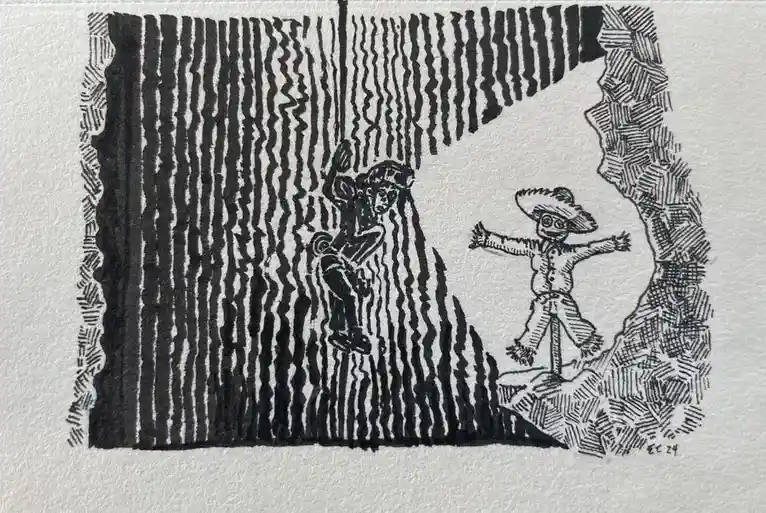A black-and-white ink drawing shows a person clinging to a tree trunk on the left, looking terrified, while a scarecrow with…