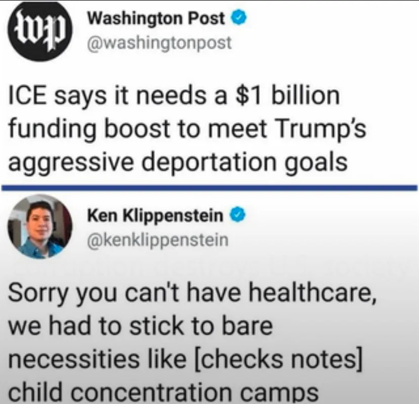 A screenshot of two tweets: the first from the Washington Post stating ICE needs $1 billion for deportation goals, and the…