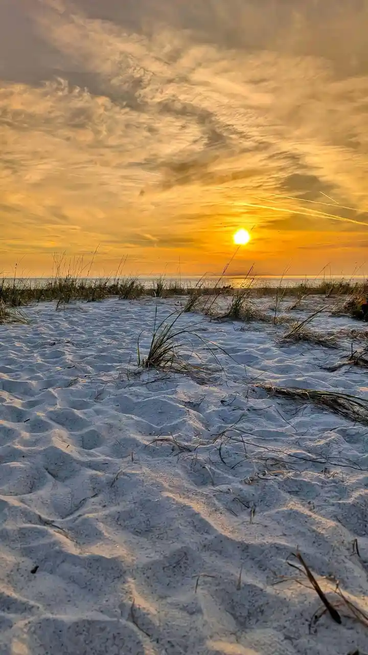 A serene beach sunset photo with white sand, dune grass, and a golden sun setting over the ocean, overlaid with the text…