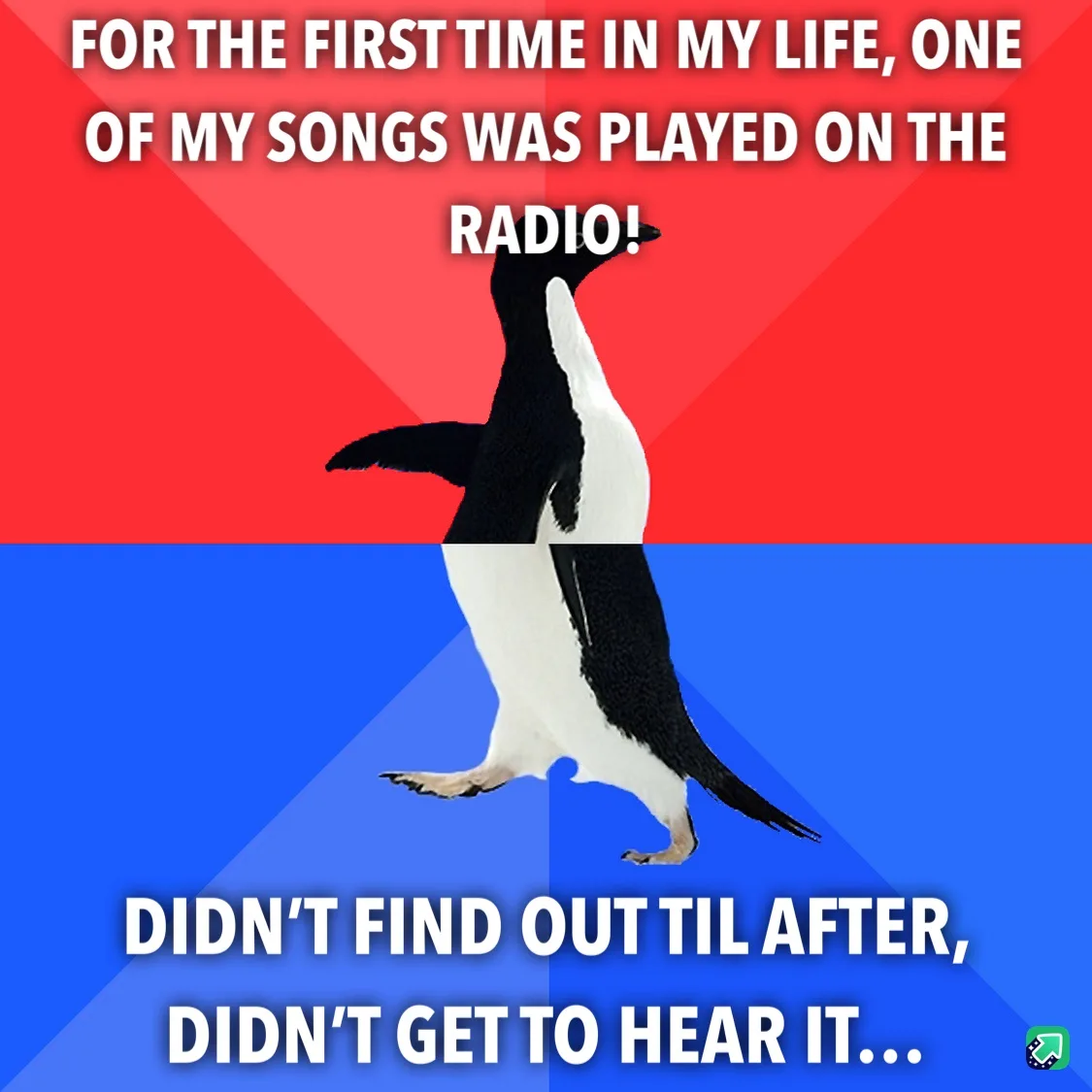 A penguin stands upright against a red and blue background, with white text overlaid. The top text reads 'FOR THE FIRST TIME…