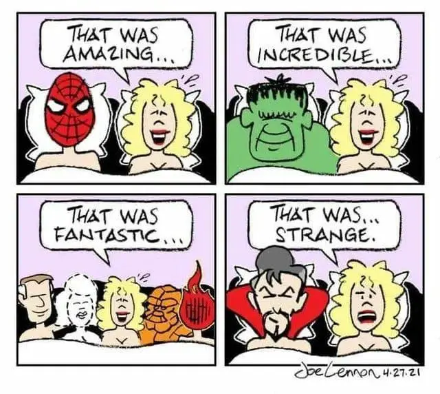 A four-panel comic strip shows a blonde woman in bed with different male superheroes. In the first panel, Spider-Man says…