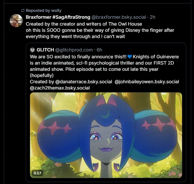 An anime-style character with blue hair, cat ears, and large blue orbs with pink stars on either side of her head, smiling…