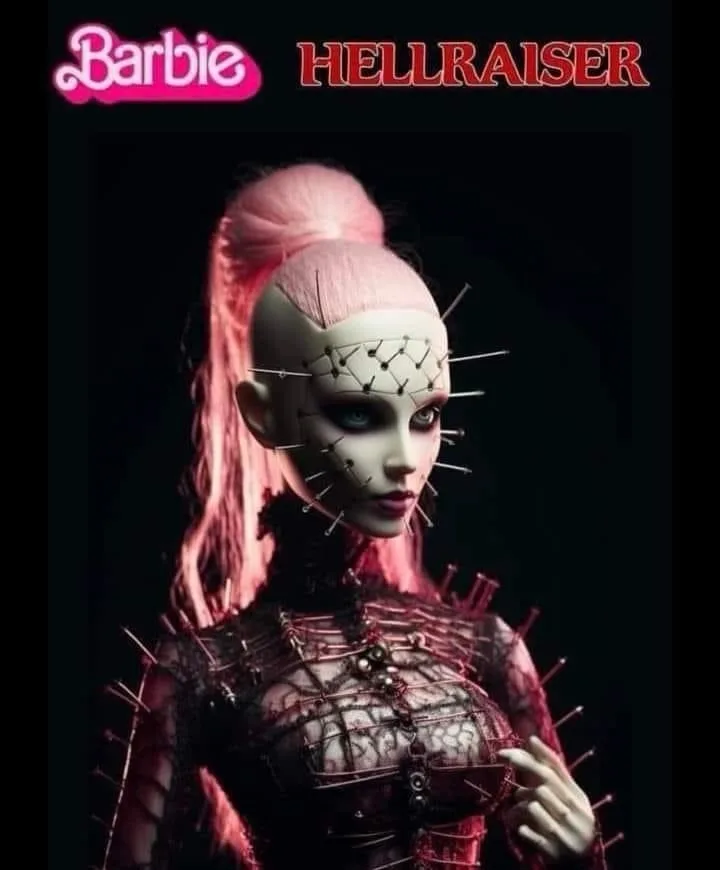 A doll with pink hair styled in a high ponytail, pale skin, and numerous pins stuck into her face and torso, wearing a dark…