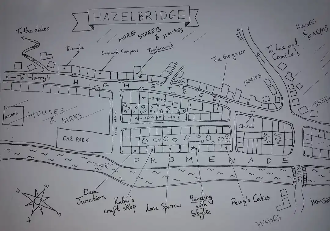 A hand-drawn, black-and-white map of a fictional town called Hazelbridge, featuring labeled streets like High Street and…