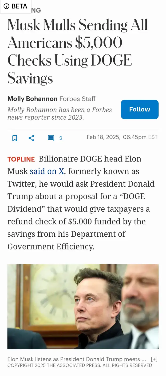 A screenshot of a Forbes news article from February 18, 2025, with the headline 'Musk Mulls Sending All Americans $5,000…