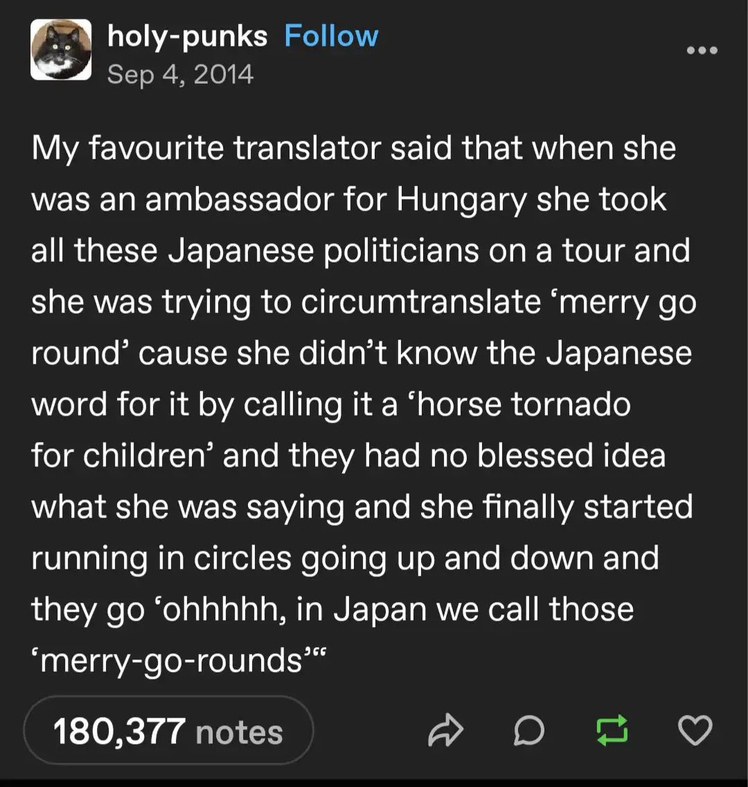 A screenshot of a Tumblr post from 2014 showing a text story about a Hungarian translator who tried to explain…