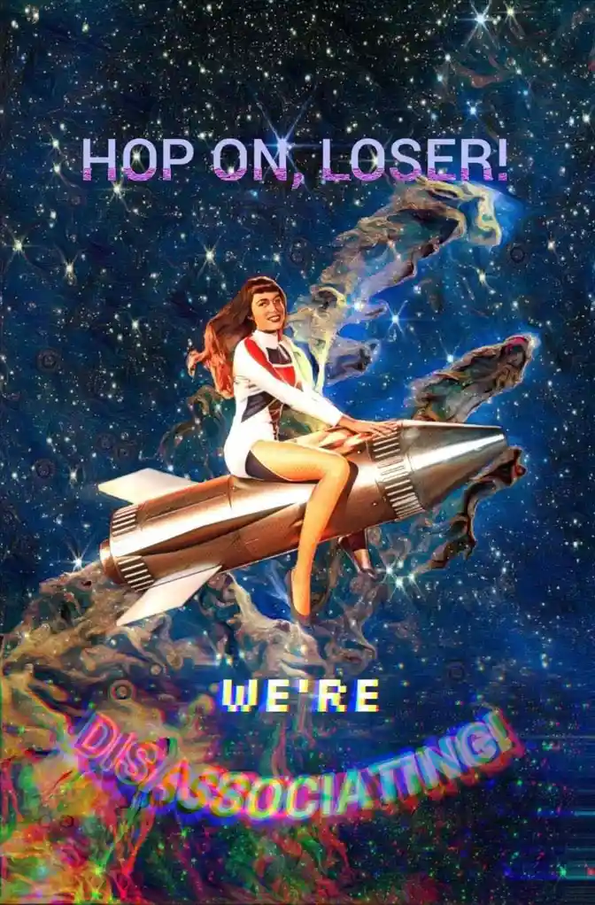 A vintage-style illustration shows a smiling woman in a retro space suit riding a rocket through a starry, colorful nebula…