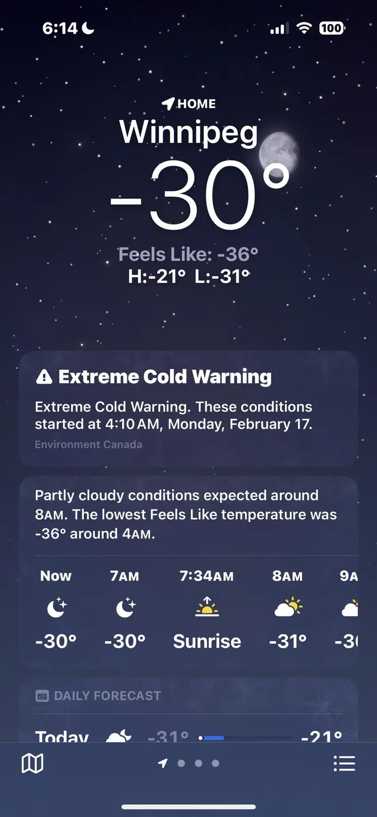 A smartphone weather app screenshot for Winnipeg shows an extreme cold warning with a current temperature of -30°, a 'feels…