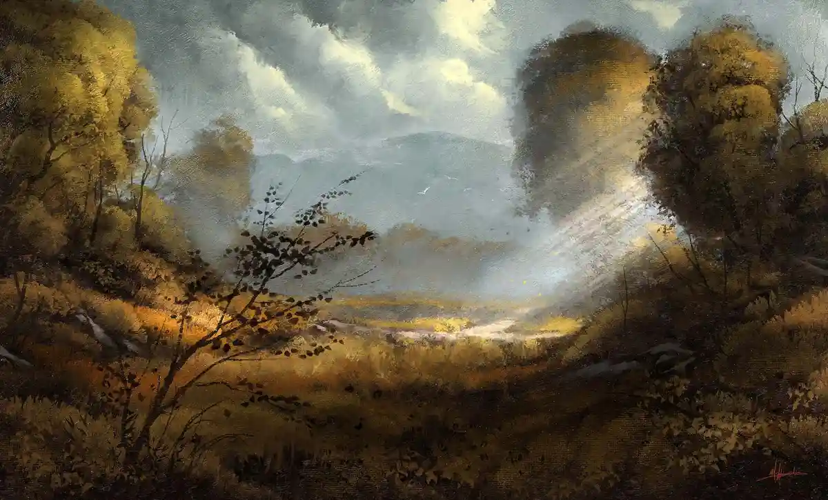 A painterly landscape depicts a dramatic, cloudy sky with golden light breaking through, illuminating a valley surrounded by…