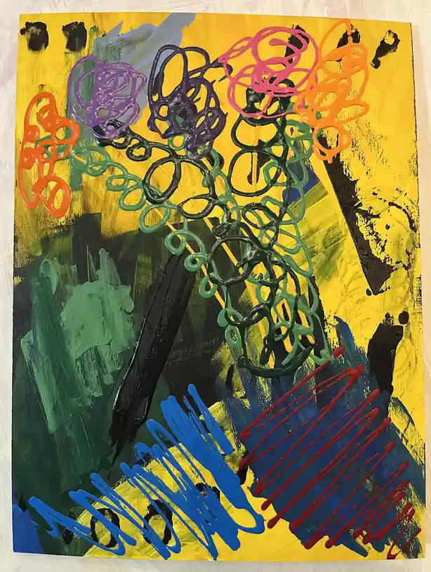 An abstract painting features a vibrant yellow background with bold, chaotic brushstrokes of green, blue, red, and black…