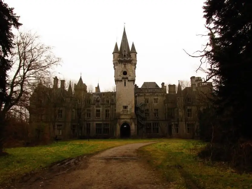 A large, gothic-style castle with multiple turrets and a central tower stands under an overcast sky, framed by bare trees…