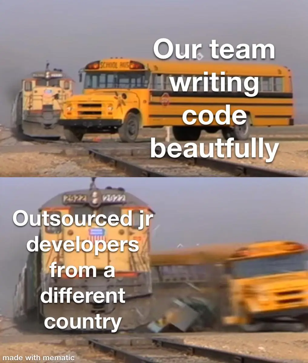 The top panel shows a yellow school bus and a train engine on parallel tracks, with text saying 'Our team writing code…