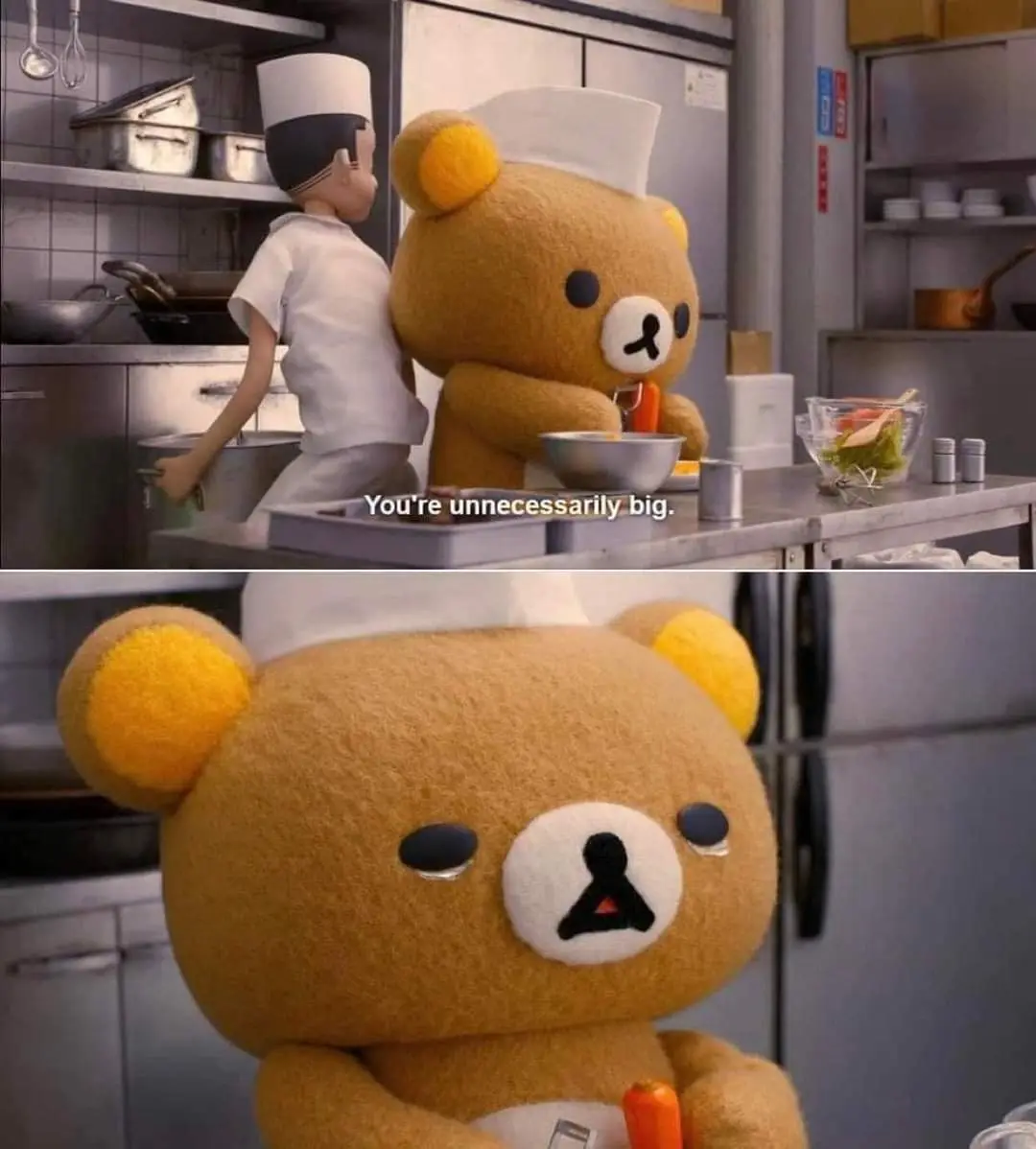 The top panel shows a small human chef and a giant Rilakkuma bear both wearing chef hats in a kitchen, with text overlaid…