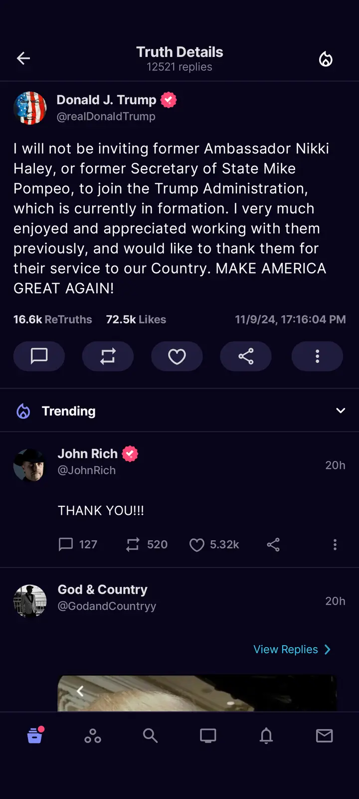 A screenshot of a social media post by Donald J. Trump stating he won't invite Nikki Haley or Mike Pompeo to his…