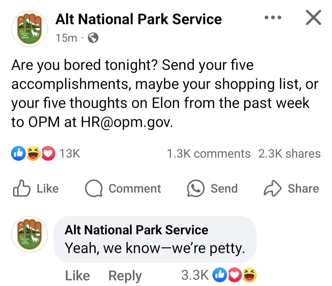 A screenshot of a Facebook post from a page called 'Alt National Park Service' that humorously asks users to send five…