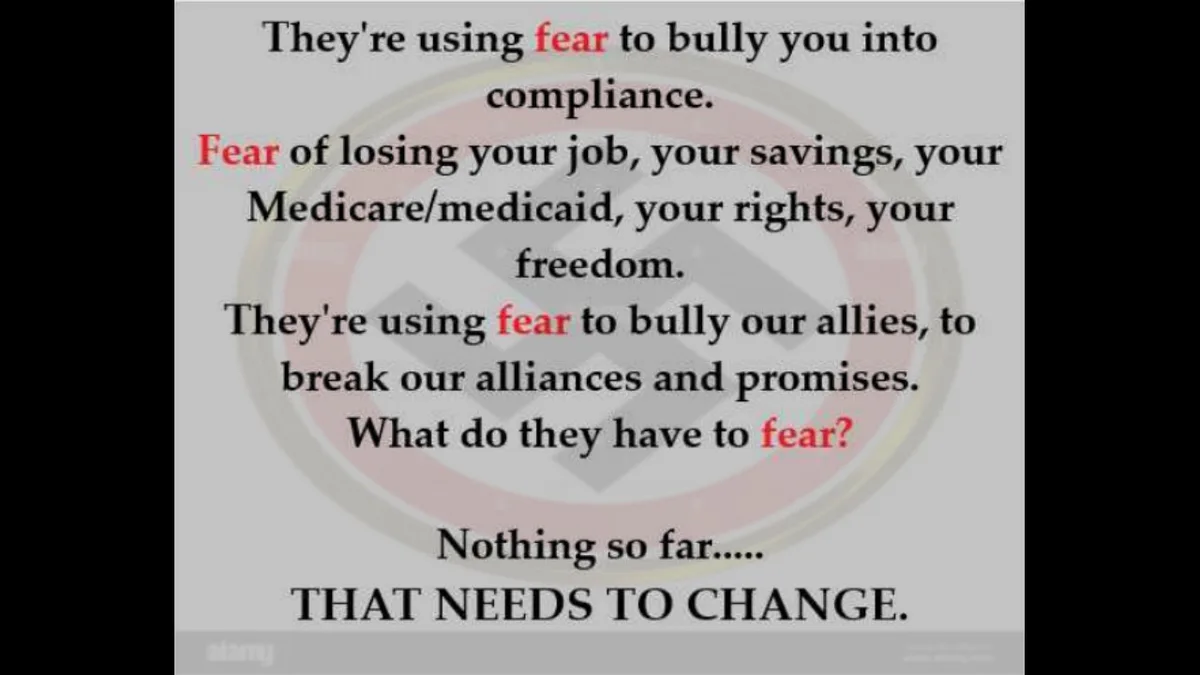 A gray-background image with bold black and red text overlaid, listing grievances about fear-based coercion and ending with…
