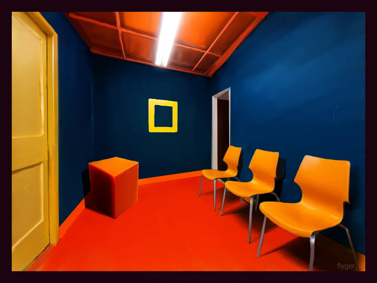 An empty waiting room with blue walls, orange floor, and yellow door and chairs, featuring a yellow square frame on the wall…