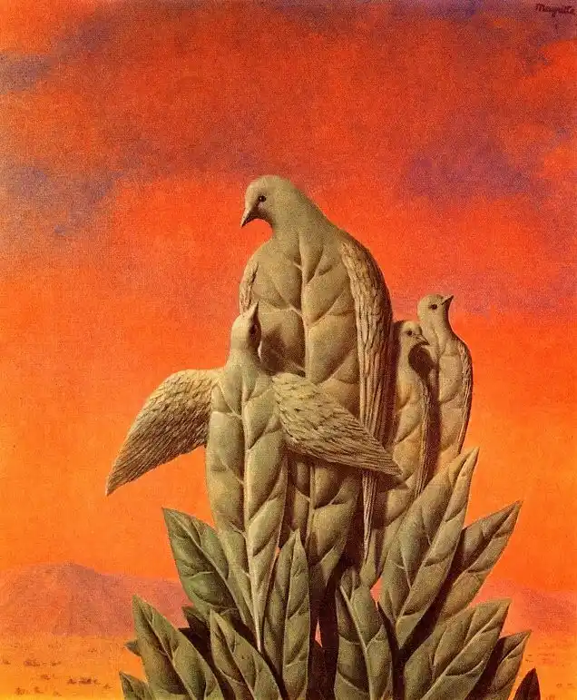 a surrealist painting by magritte shows three humanoid figures with bird-like heads and wings emerging from a plant, set…