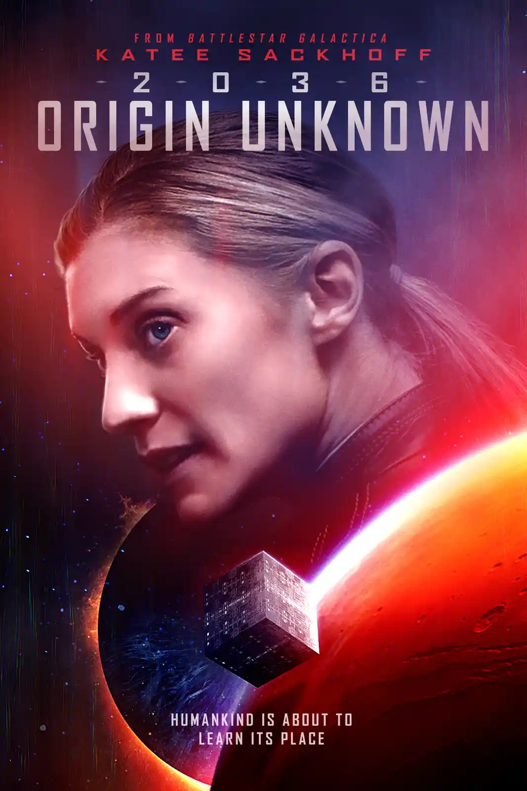 A sci-fi movie poster features actress Katee Sackhoff in profile against a cosmic backdrop with a red planet and a glowing…