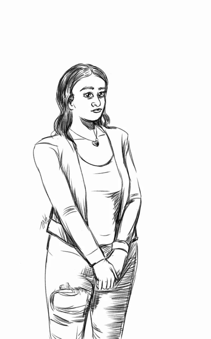 A black-and-white sketch of a young woman standing with her hands clasped in front of her, wearing a tank top, cardigan, and…