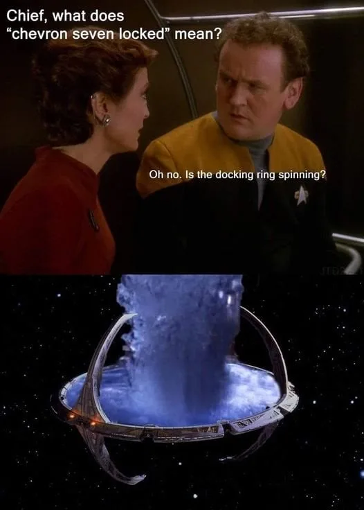 The image is a two-panel meme from Star Trek: The Next Generation. The top panel shows Commander Riker in a yellow uniform…