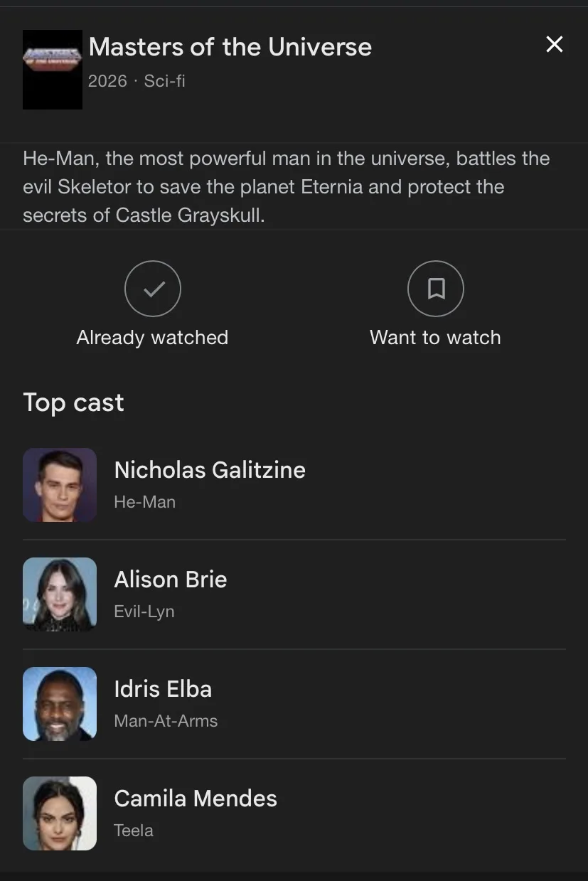 A mock movie listing for 'Masters of the Universe 2026' shows a fictional cast including Nicholas Galitzine as He-Man…