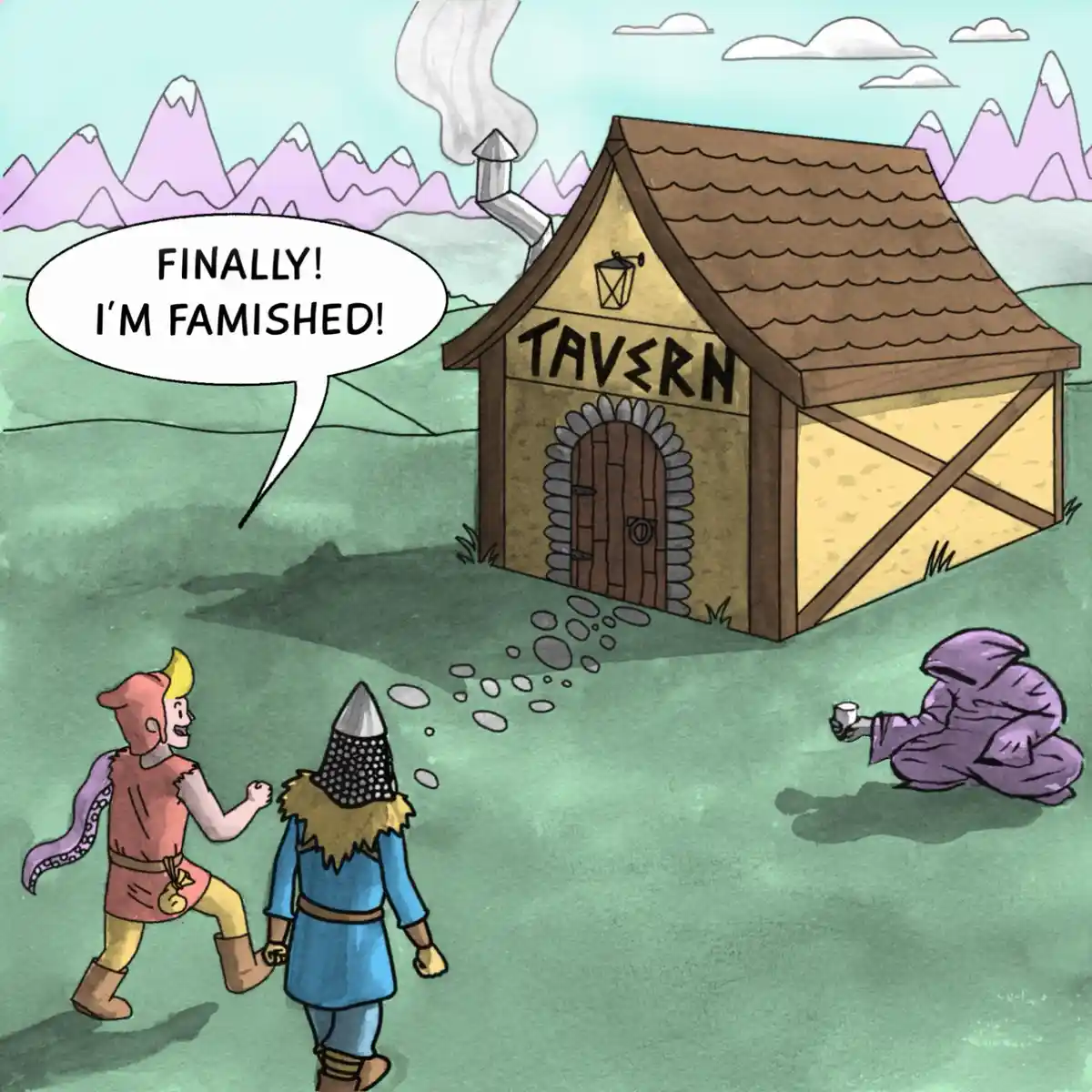Two adventurers in fantasy armor walk toward a wooden tavern with a smoking chimney, exclaiming excitement. A purple-robed…