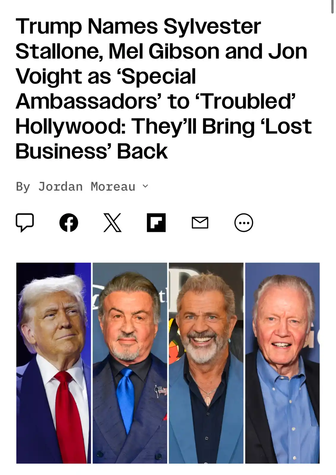 The image displays a fake news article headline claiming Donald Trump has appointed Sylvester Stallone, Mel Gibson, and Jon…
