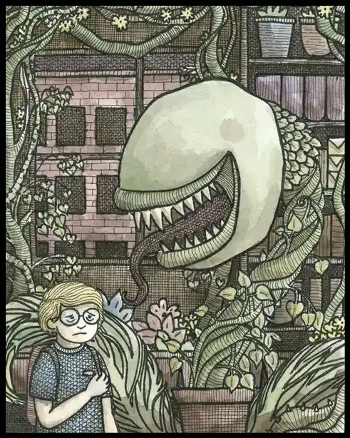 A cartoon-style illustration shows a young person with glasses and a backpack looking worriedly at a giant, plant-like…