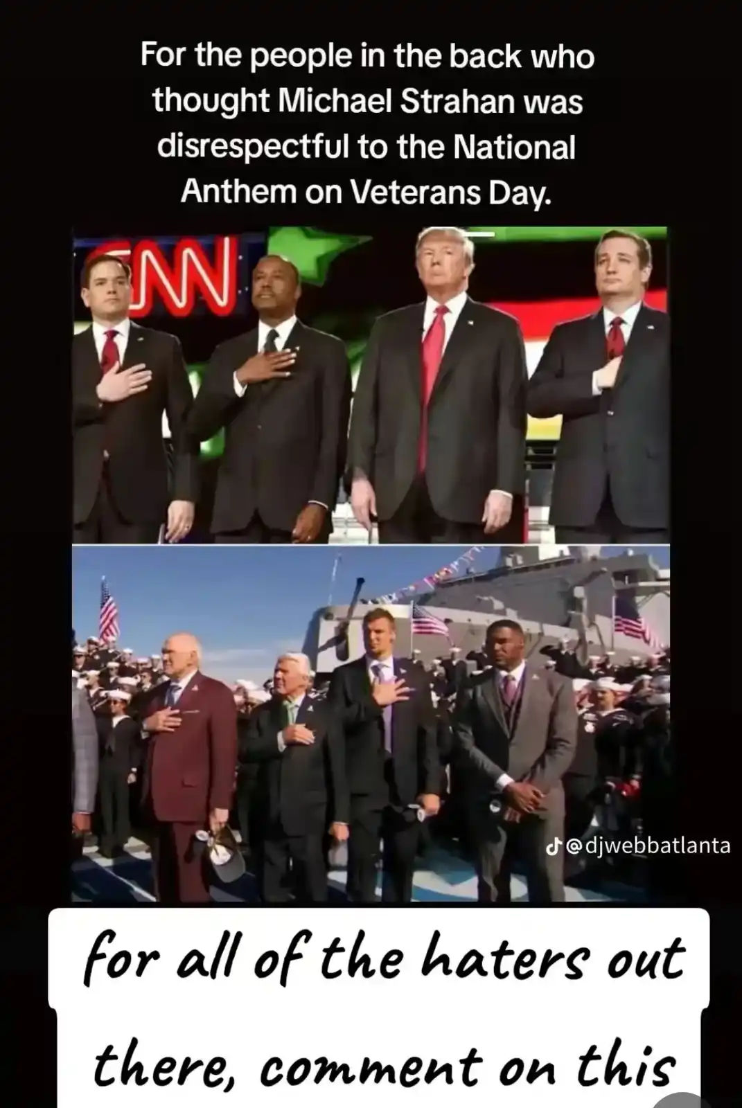 The image is a two-panel meme. The top panel shows four men in suits standing on a stage with a CNN logo behind them; three…