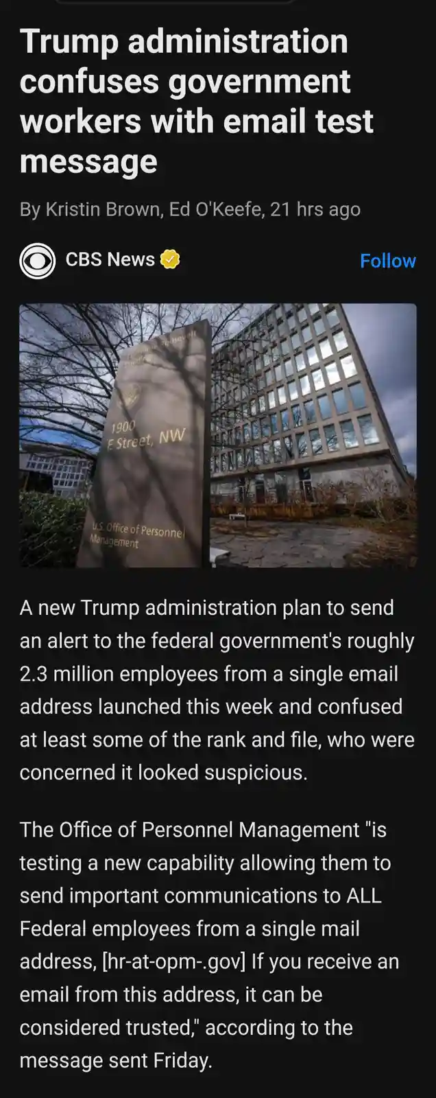 A screenshot of a CBS News article shows a photo of the U.S. Office of Personnel Management building with a sign reading…