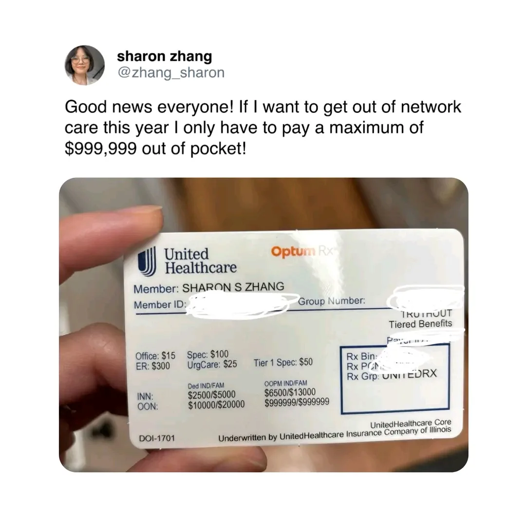 A person holds up a UnitedHealthcare insurance card showing 'OOP IND/FAM' (out-of-pocket individual/family maximum) as…