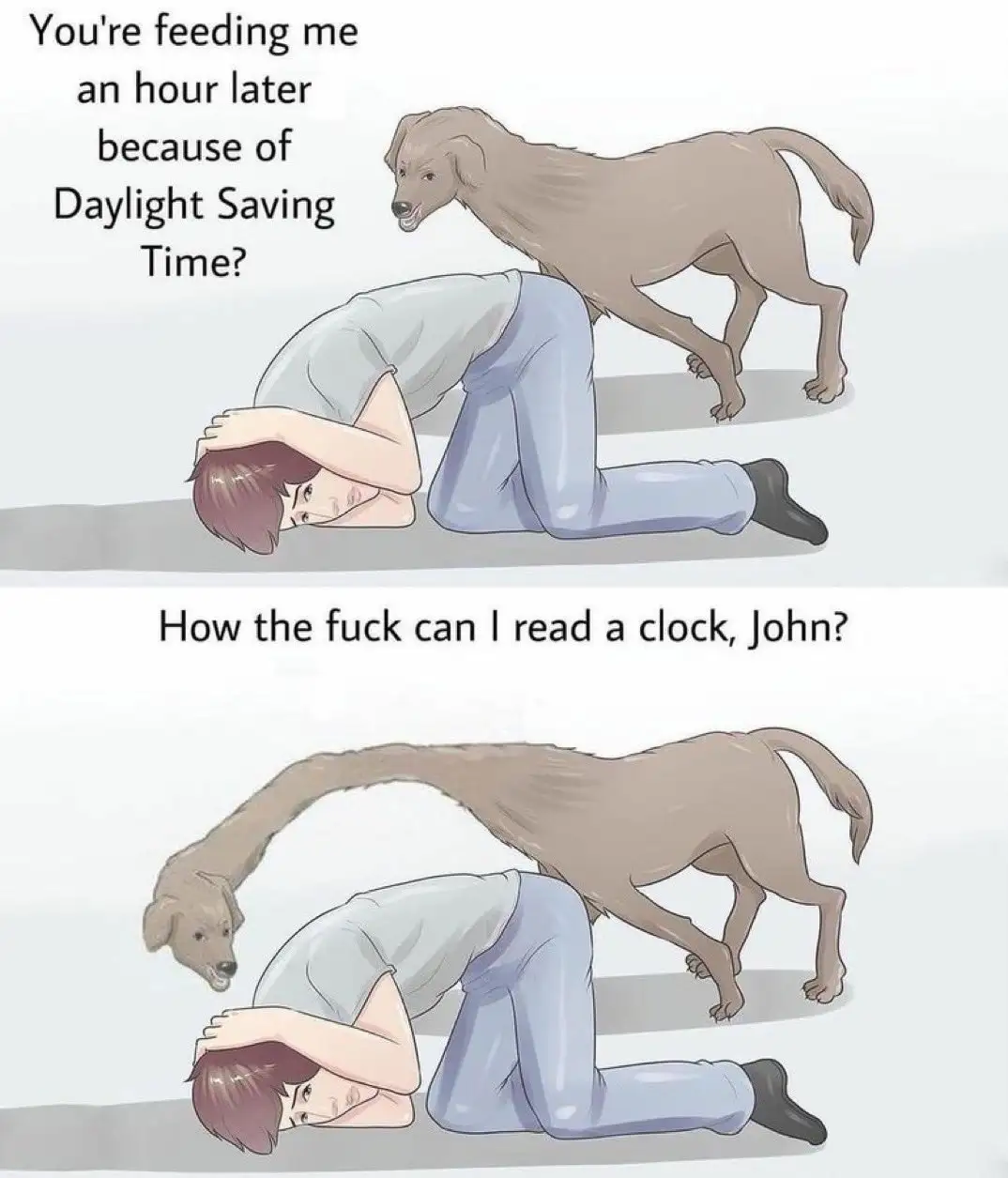 A two-panel cartoon depicts a person kneeling on the floor with their head in their hands, visibly frustrated. In the top…