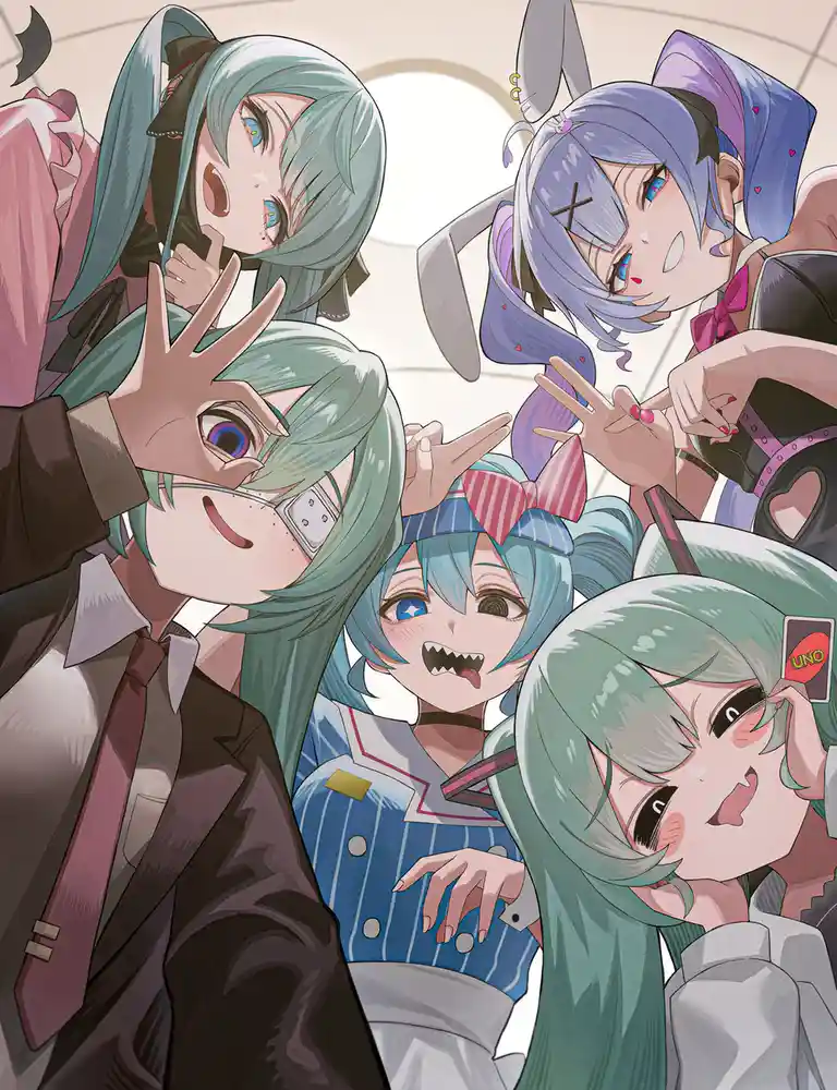 An anime-style illustration features five distinct female characters with varied hair colors and outfits, including one with…
