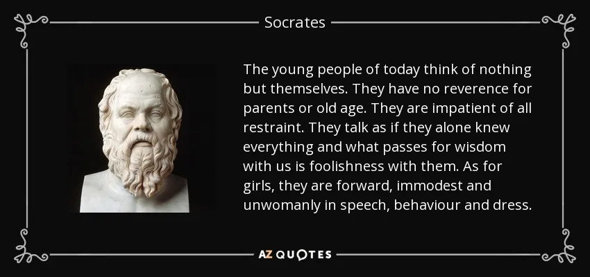 A black background with a white ornate border frames a marble bust of Socrates on the left and a long quote attributed to…