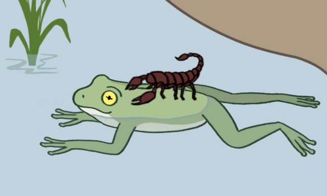A cartoon green frog is swimming in water with a brown scorpion riding on its back. The frog has a large yellow eye and is…