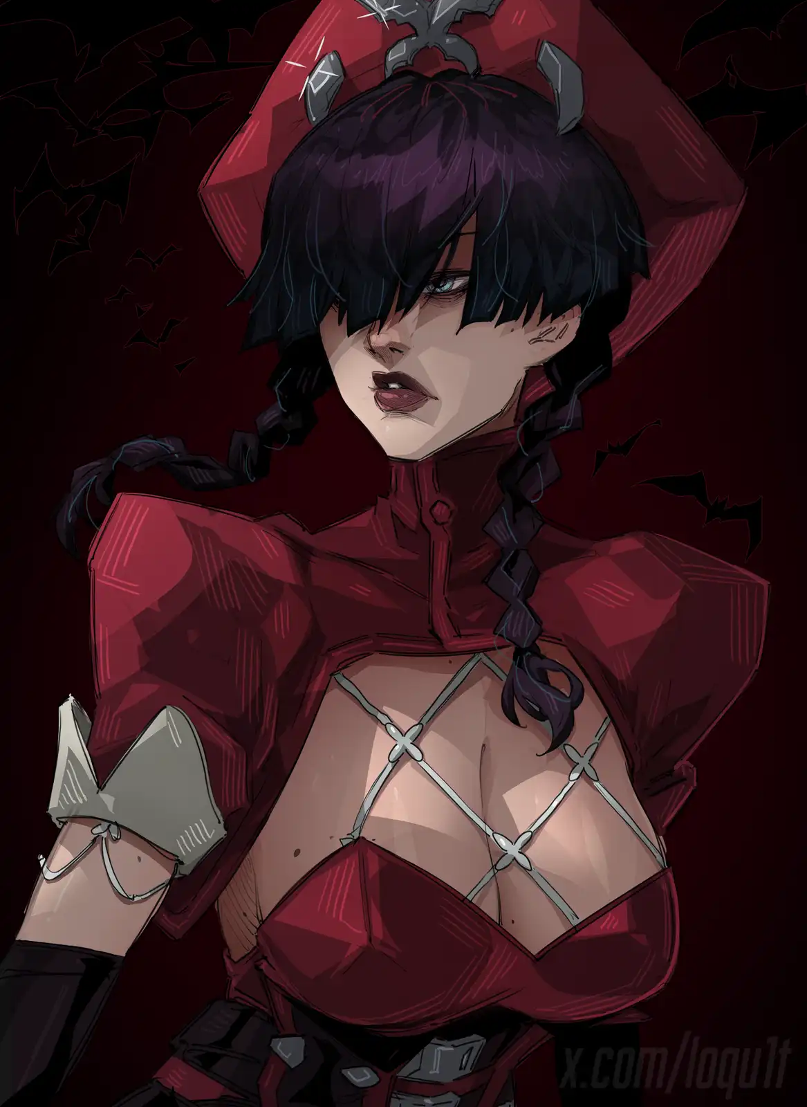 An anime-style illustration of a woman with short black hair, wearing a red outfit with silver straps and a red hood…