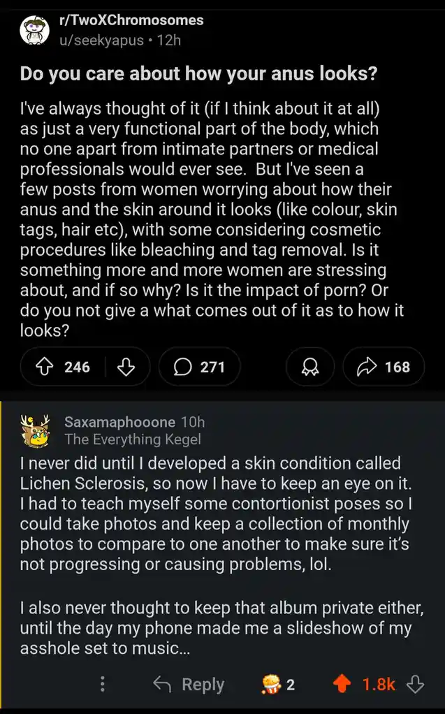 A Reddit post from r/TwoXChromosomes asks if people care about how their anus looks, noting women's increasing concern over…
